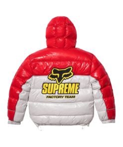 Red and white Supreme Fox Racing Shiny Down Puffer Jacket showcasing large Supreme logo and Fox Racing design, stylish winter down jacket.
