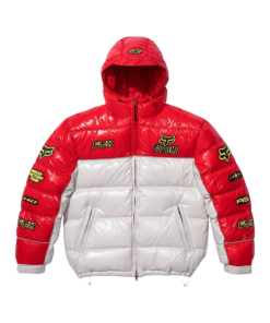 Supreme Fox Racing shiny down puffer jacket in red and white with hood, metallic insulated winter jacket.