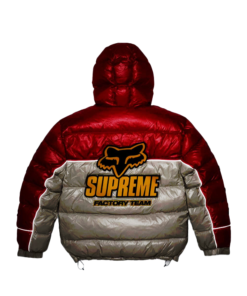Red and white Supreme Fox Racing shiny down puffer jacket featuring reflective detailing and bold Supreme logo for a streetwear winter look.