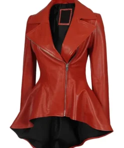 Red fitted leather peplum jacket for women