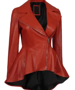 Stylish red leather jacket with peplum design