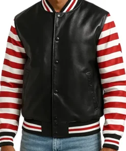 Stylish Black Red Varsity Leather Jacket for Men Fashion