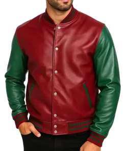Stylish Green Maroon Varsity Leather Jacket for Men