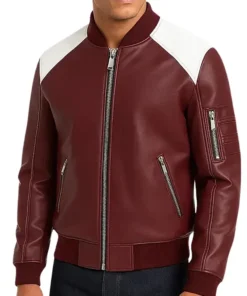 Stylish Maroon White Leather Bomber Jacket Men Trend