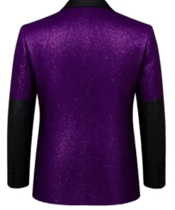 Stylish purple sequin jacket inspired by stage fashion look