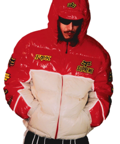 Model styling Supreme Fox Racing shiny down puffer jacket red and white, winter streetwear puffer coat.