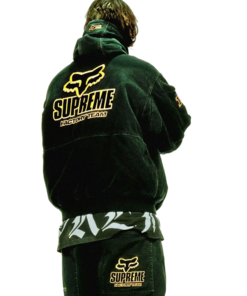 Back design of Supreme Fox Racing Denim Hooded Work Jacket showcasing large Supreme Factory Team logo in orange.