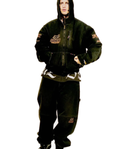 Front look of Supreme Fox Racing Denim Hooded Work Jacket in black with detailed Fox Racing patches on chest and sleeves.