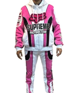Front view of the Supreme x Fox Racing zip up hoodie in pink and white with the iconic Fox logo and Supreme Factory Team branding.