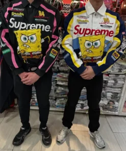 Two people wearing the Supreme x SpongeBob racing jacket, one in the black and pink colorway and the other in the white, navy, and yellow colorway, featuring a large Spongebob graphic on the front.