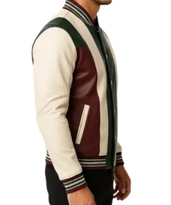 Trendy Green Cream Varsity Jacket with Maroon Sleeves