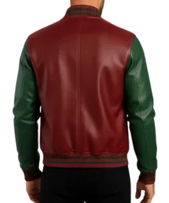 Trendy Maroon Green Leather Varsity Jacket Men’s Fashion