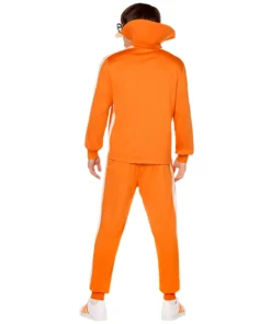 Rear view of a person wearing a complete Vector Costume, highlighting the orange tracksuit jacket and pants, white stripes, and the exaggerated high collar detail.