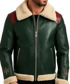 Warm Shearling Leather Christmas Jacket in Green Shade