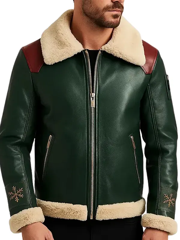 Warm Shearling Leather Christmas Jacket in Green Shade