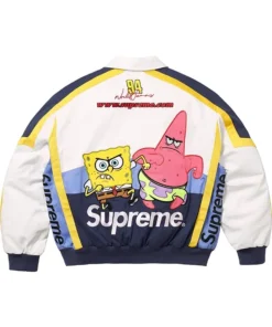 Detailed back shot of the white, navy, and yellow Supreme SpongeBob Jacket showcasing Spongebob and Patrick graphics and the Supreme logo, a classic SpongeBob SquarePants Racing Jacket look.
