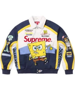 Flat lay of the front of the white, navy, and yellow Supreme Spongebob Jacket or Supreme Racing Jacket, with Spongebob and other characters like Squidward and Sandy on the sleeves.