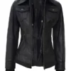 Womens black bomber jacket leather with removable hood, displayed open to reveal inner lining and detailed zip craftsmanship.