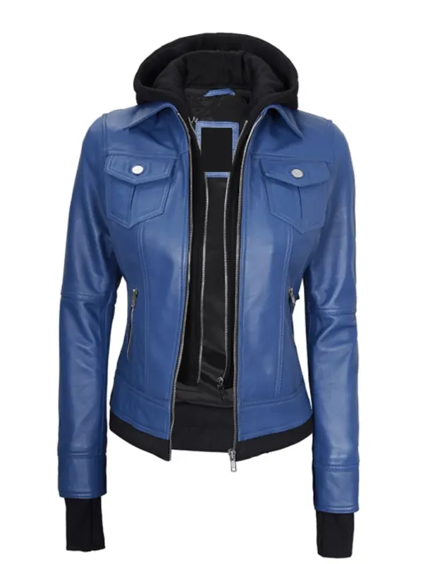 Womens Leather Bomber Jacket With Hood in blue color showing removable hood and modern fitted silhouette.