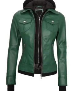 Womens Green Bomber Leather Jacket With Removable Hood made from real leather for a premium look