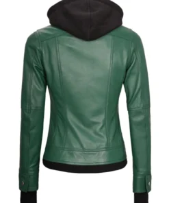 Womens Green Leather Bomber Jacket back side view featuring removable hood and sleek leather finish
