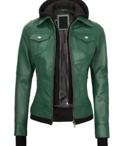 Womens Green Leather Bomber Jacket front view showing stylish design and zipper closure