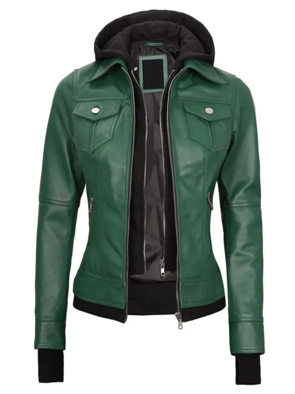 Womens Green Leather Bomber Jacket front view showing stylish design and zipper closure