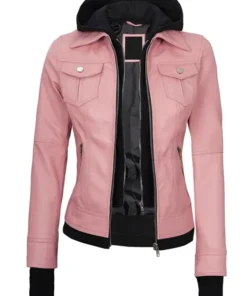 Front view of womens pink leather bomber jacket with removable hood, stylish pink bomber leather jacket for women