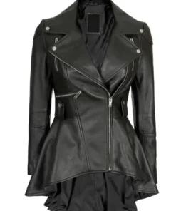 Womens premium black leather peplum jacket with tailored fit, asymmetrical front zip, and waist-defining peplum cut.