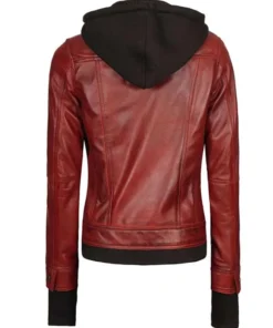Womens red leather bomber jacket with removable hood back view, ladies red leather bomber jacket in premium leather finish.