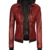 Womens red leather bomber jacket with removable hood front view, stylish red leather bomber jacket women with zipper pockets.