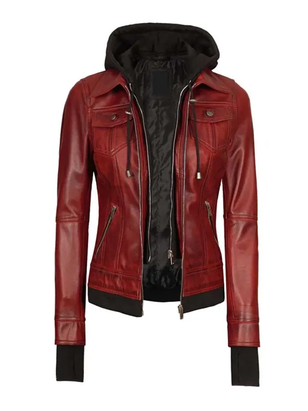 Womens red leather bomber jacket with removable hood front view, stylish red leather bomber jacket women with zipper pockets.