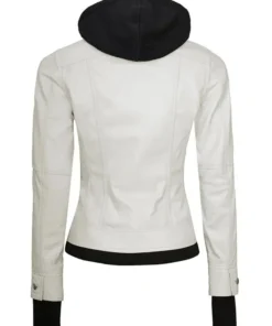 Back view of women’s white leather bomber jacket with removable hood and sleek fit trendy white bomber jacket for women.