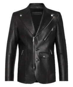 Front view of Zayn Malik Eyes Closed leather jacket showcasing asymmetric zip design, inspired biker style, and sleek black lambskin finish.