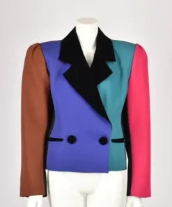 Front view of Zendaya's Marc Jacobs Vanity Fair color block zoot suit displayed on a mannequin for a detailed look.