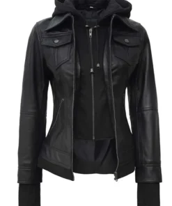 Womens black leather bomber jacket with removable hood featuring front zip closure and fitted design for a sleek modern look.