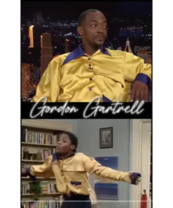 Anthony Mackie wearing the iconic Gordon Gartrelle Shirt inspired by The Cosby Show, recreating the men’s Gordon Gartrell shirt look worn by Theo Huxtable in the original scene.