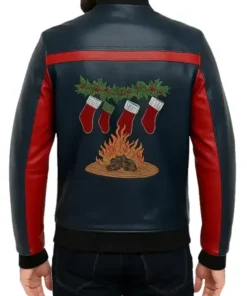 Christmas Men’s Red and Blue Leather Jacket featuring a unique embroidered back design of stockings hung over a fireplace, perfect men's Christmas outerwear.