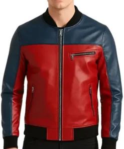 Men’s Red and Blue Christmas Real Leather Jacket in a stylish color-blocked bomber style, an eye-catching men's Christmas outerwear piece.