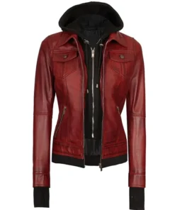 Red hooded leather jacket for women, real leather red bomber jacket womens with removable black hood.