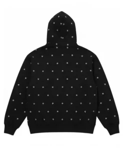 Back view of the Black Stars Studded Hooded Sweatshirt. The entire back is covered in a pattern of small white stars.