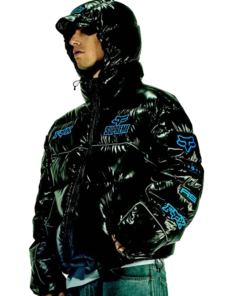 Supreme Fox Racing down jacket black glossy puffer with blue Fox Racing logo, lightweight insulated jacket.