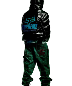 Supreme Fox Racing black shiny down jacket with bold blue back logo, premium winter streetwear puffer.