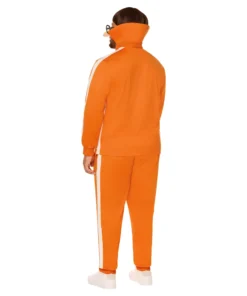 Back view of the Vector costume spirit halloween product, showing the orange tracksuit with white vertical stripes on the sleeves and pants, and the distinctive high, stiff collar.
