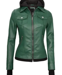 Womens green leather bomber jacket with hood perfect for casual and modern fashion style