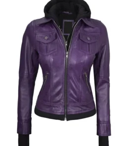 Womens purple bomber leather jacket featuring detachable hood and fitted waist for stylish everyday wear.