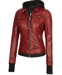 Womens red bomber jacket with hood, trendy red leather bomber jacket women’s fashion outfit.