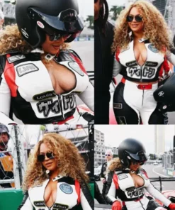 A collage of Beyoncé modeling her custom Louis vuitton leather F1 Las Vegas Grand Prix co ord set.
