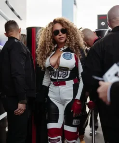 Beyoncé stuns in a white and black Louis vuitton Las Vegas F1 Grand Prix track suit leather set.