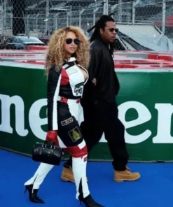 Beyoncé strolls the paddock in a Louis vuitton leather track suit at Las Vegas F1 race weekend.
